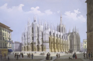 Milanos katedral från utsikt över Milano och dess omgivningar