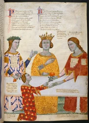 Miniatyr av domen i Paris, med Pallas Athena, Juno och Venus sittande vid ett bord, och Paris som ger en olivkvist till Venus, illustration från 