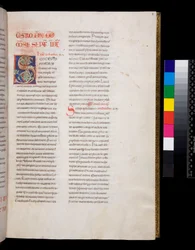 Ms 143. Gregorius den store, Registrum Epistolarum, f.8r. Dekorerad initial [S] med vit vinbladsfyllning och avslutningar