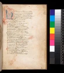 Ms 315. Horace, Ars Poetica och Epistulae, f.1r. Dekorerad initial [N] i blå och röd blöjfyllning och omgivande penna i rött
