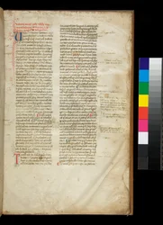 Fru 361. Valerius Maximus Exempel på en rundad gotisk halvfyrkantig bokhand och färgade initialer med kontrasterande dekor med penna