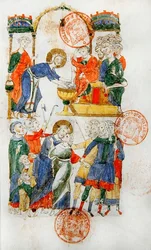 Ms. 364: Jesus tvättar lärjungarnas fötter under den sista måltiden och Judaskyssen, ur Monte Cassino-breviariet