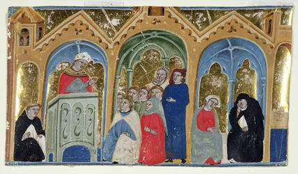 Ms. 400-2000: Miniatyr från Gratians Decretum som visar en biskop som predikar för en församling, ca 1325-30