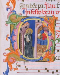 Ms 559 f.298v Historikert initial G som föreställer den helige Dominicus som upprätthåller kyrkan och drömmen om påven Honorius III (1216-27) från Psalter H från San Marco e Cenacoli