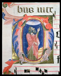 Ms 570 f.105r Historikerad initial D som föreställer kung David i bön