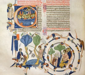 Ms 766 Kristus talar till änglar och scener från det medeltida dagliga livet (jordbruk, jordbruk, fiske och bön, miniatyrer från Liber Quatuor Sententiarum (Meningsbok) av Petrus Lombardus, sec.