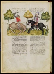 Fr 343 fol.26v Sir Percivals häst dödas, från Queste del Saint Graal, c.1380-85