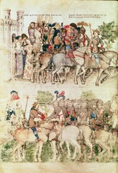 Fr 343 fol.8v Arthur och hans riddare ger sig ut på jakten efter den heliga gralen, från Queste del Saint Graal, c.1380-85