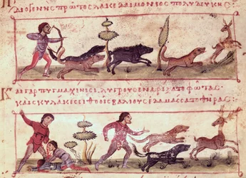 Ms Grec 479 Deer Hunting, illustration från Cynegetica av Oppian (tempera på veläng)