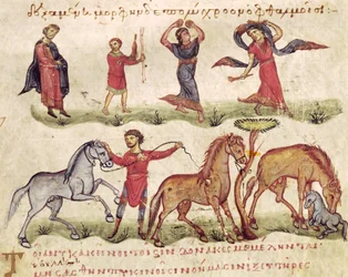 Ms Grec 479 Horse Trainers, illustration från Halieutica eller Cynegetica av Oppian