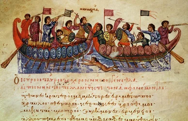 Ms Grec 479 sjöstrid mellan två fartyg, illustration från Halieutica eller Cynegetica av Oppian