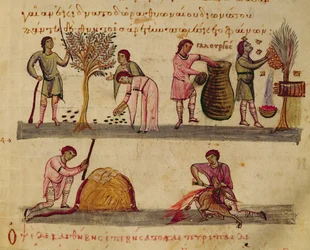 Ms Grec 479 Arbetar i fält, illustration från Cynegetica av Oppian (tempera på vellum)