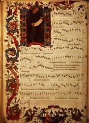 Ms Med. Kompis. 87 Sida med musiknotation med historisk initial, från Squarcialupi Codex, producerad vid det florentinska klostret S. Maria degli Angeli (vellum)