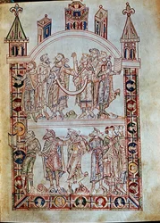 Ms. Plut.12.17 f.4r Lärjungar av St. Augustine, från De Civitate Dei, (11-12-talet)