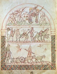Ms. Plut. 12.17, c. 1b, Den jordiska staden med mänsklighetens svårigheter och olyckor och en själs dom, från Guds stad av St Augustine, 1000-1100-talet