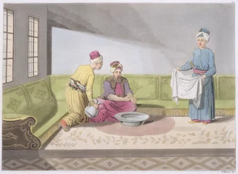 Muslim som utför sina rituella tvagningar, plansch 34 ur del III, band I av Nationernas historia, graverad av V. Raineri