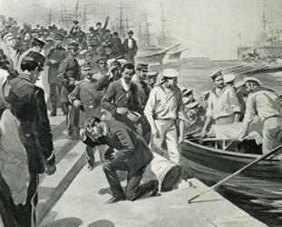 Myteri på det ryska slagskeppet Potemkin som går i land i hamnen i Constanta i Rumänien, Illustration från L