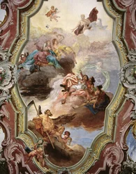 Mytologisk scen med Jupiter, Juno, muserna och Fader Tid