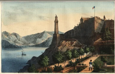 Napoleon på Elba - Napoleon vid Elba - Portoferraio - Elba Island - Napoleon i guvernörens trädgård 1814-1815 - gravyr från "" Seder och seder för alla folk i universum. Det är historien om regeringen, om lagarna, om milisen, om allas religion