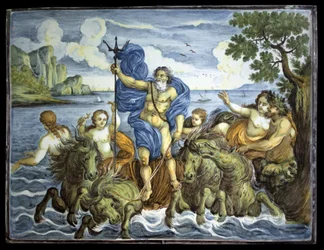 Neptunus på sin tank och med en treudd. Rektangulär tallrik, dekor av stor polykrom eld, tillverkad i Castelli, Italien