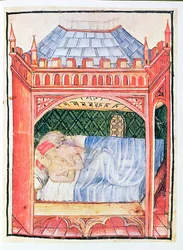 Nouv Acq Lat 1673 fol.100 Par i säng, från Tacuinum Sanitatis, c.1390-1400