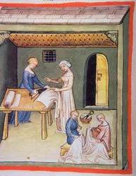 Nova 2644 fol.105v Skräddarbutiken: Kläder av linne, från Tacuinum Sanitatis