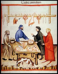 Nova 2644 fol.77r Slaktbutik, försäljning av hjärnor, från Tacuinum Sanitatis Codex Vindobonensis