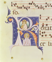P 23 V Historikert initial "R" som visar en ängel och ett kvinnligt helgon (vellum)