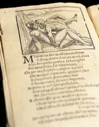 Sida från "Sonetti Lussuriosi" av Pietro Aretino, illustrerad av Giulio Romano och graverad av Marcantonio Raimondi, publicerad i Venedig, ca 1527