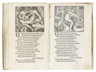 Sida ur «Sonetti Lussuriosi» av Pietro Aretino, illustrerad av Giulio Romano och graverad av Marcantonio Raimondi, utgiven i Venedig, ca 1527