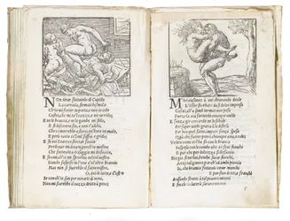 Sida ur "Sonetti Lussuriosi" av Pietro Aretino, illustrerad av Giulio Romano och graverad av Marcantonio Raimondi, utgiven i Venedig, ca 1527