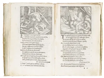 Sida ur "Sonetti Lussuriosi" av Pietro Aretino, illustrerad av Giulio Romano och graverad av Marcantonio Raimondi, utgiven i Venedig, ca 1527