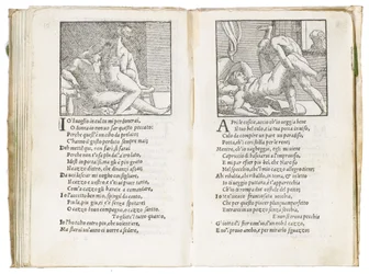 Sida ur ”Sonetti Lussuriosi” av Pietro Aretino, illustrerad av Giulio Romano och graverad av Marcantonio Raimondi, utgiven i Venedig, ca 1527
