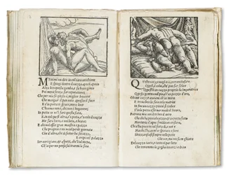 Sida ur «Sonetti Lussuriosi» av Pietro Aretino, illustrerad av Giulio Romano och graverad av Marcantonio Raimondi, utgiven i Venedig, cirka 1527