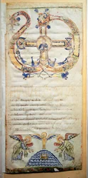 Sida av en påvlig kyrka som innehåller bönerna och ceremonierna som ska utföras av Eveque (Ms.724/1-Carta3) Ett manuskript från 1000-talet. Rom, Biblioteca Casanatense