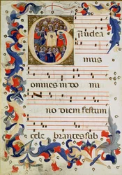 Sida med musiknotation med ett historiskt initialt G som visar en grupp helgon med St. Ursula i mitten, Bolognese School