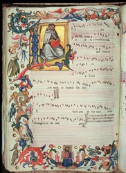 Sida med musiknotation med en historisk initial, från Squarcialupi Codex, producerad vid det florentinska klostret S. Maria degli Angeli (vellum)