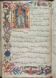 Sida med musikalisk notation med historisk initial, från Squarcialupi Codex, producerad vid det florentinska klostret S. Maria degli Angeli (vellum)