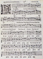 Sida med partitur av Concerto 5 i "" French Songs "" av Adriano Banchieri