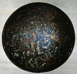 Pageant Shield med scener från romersk historia (målat trä)
