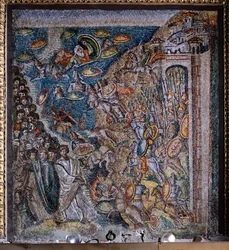Panel med mosaik föreställande korsandet av Röda havet, mittskeppet, Basilica Santa Maria Maggiore, Rom, Italien, 500-talet