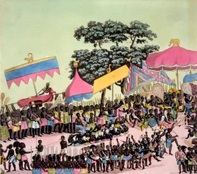 Panoramautsikt över Yam Custom, från Costumi dei... av Giulio Ferrario, ca 1820-30-talet