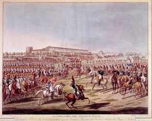 Parad av det italienska kavalleriet i kungariket Italien. Tryck från början av 1800-talet
