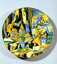 Skylt som visar Kain som dödar Abel, Rimini, mitten av 1500-talet (maiolica)