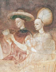 Leker med tarotkort, scen från spelcykeln, ca 1445-1450, fresk, Palazzo Borromeo, Milano, Lombardiet, Detalj, Italien