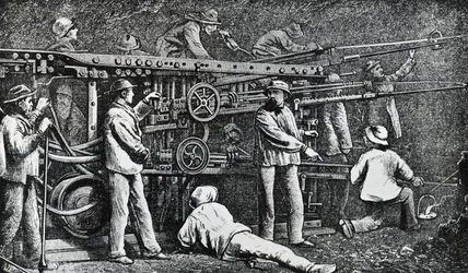 Pneumatisk bergborrmaskin skapad av Giovanni Battista Piatti och fulländad av Germano Sommeiller (1815-1871), gravering Italien
