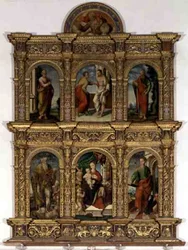 Polyptyk som visar Madonnan och barnet med helgon (olja på panel)