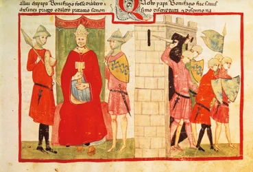 Papa Boniface VIII huko Anagni na kufukuzwa kwa Sciarra Colonna (Giacomo Colonna) kutoka kwa jiji, miniature kutoka kwa Mambo ya Nyakati ya Giovanni Villani, muswada wa Chigi L VIII 296 folio 176 recto, Italia Karne ya 14.swed