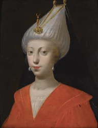 ""Porträtt av Sultana Roxelane (Russelazie (den Ruthenian), eller Hurrem (född Anastasia Lisovska, cirka 1500-1558) fru till Sultan Suleiman den storartade"" (eller Suleyman I)