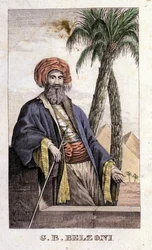 Porträtt av Giovanni Battista (Gianbattista) Belzoni (1778-1823), italiensk upptäcktsresande och arkeolog, som gjorde viktiga arkeologiska upptäckter i Egypten. Gravyr - i "" Resan till Egypten och Nubien "" av Belzoni, Milano